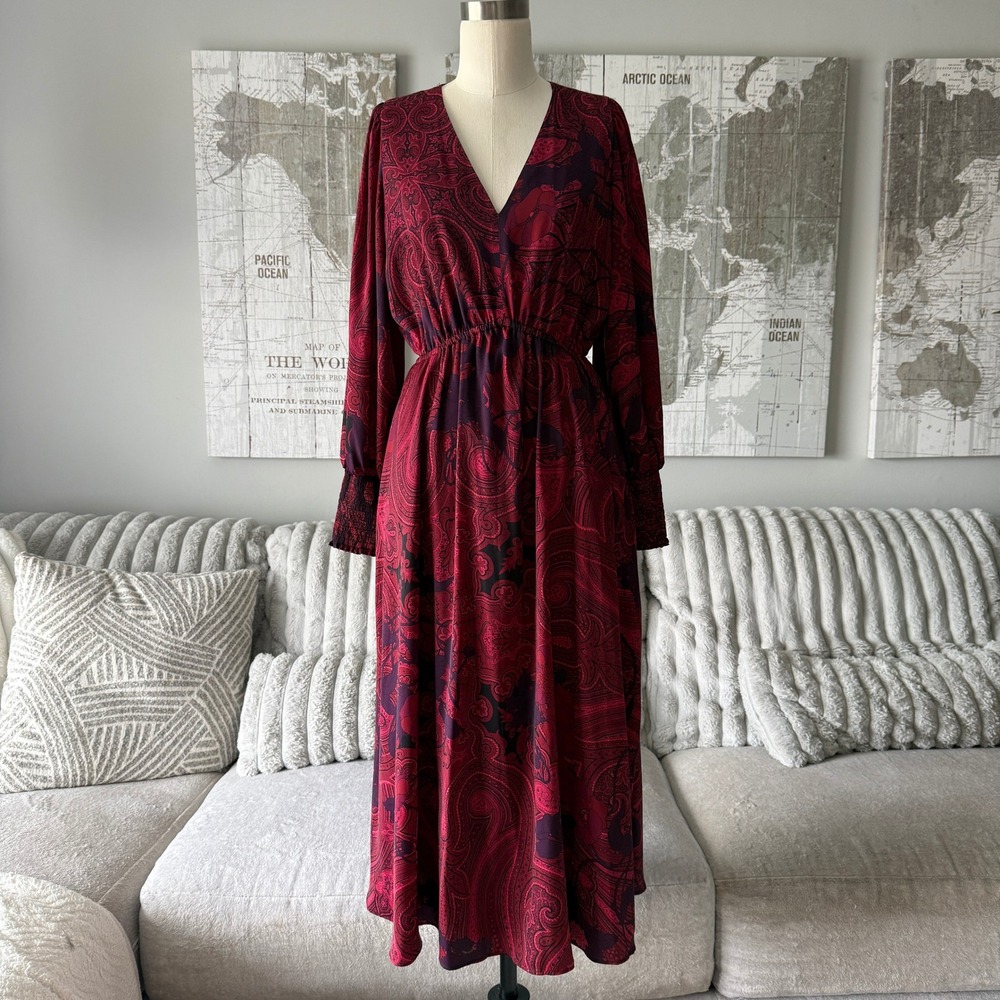 Kobi Halperin Burgundy Paisley Floral V-Neck Midi Dress Smocked Cuffs KF1D33 S